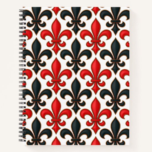 Rood en Zwart Barok Fleur-de-lis Patroon Ontwerp  Notitieboek (Voorkant)