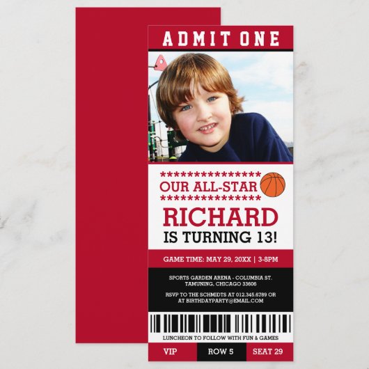 Rood en zwart Basketball Ticket Birthday Invites Kaart (Voorkant / Achterkant)