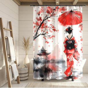 Rood en Zwart Bloemmotief Geisha Douchegordijn