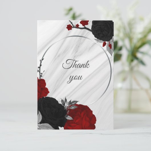 Rood en zwart botanisch marmer bedankkaart (Staand voorkant)