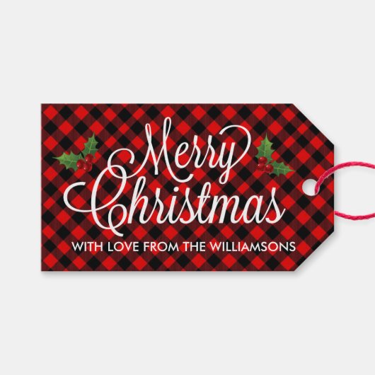 Rood en zwart Buffalo Check Kerstmis Cadeaulabel (Voorkant (Horizontaal))