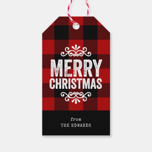 Rood en zwart Buffalo Check rustieke kerst Cadeaulabel (Voorkant)