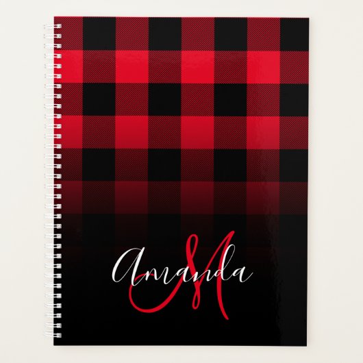 Rood en zwart Buffalo geruite Ombre monogram Planner (Voorkant)