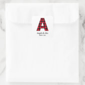 Rood en Zwart Buffalo Plaid A Monogram Vierkante Sticker (Tas)