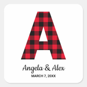 Rood en Zwart Buffalo Plaid A Monogram Vierkante Sticker