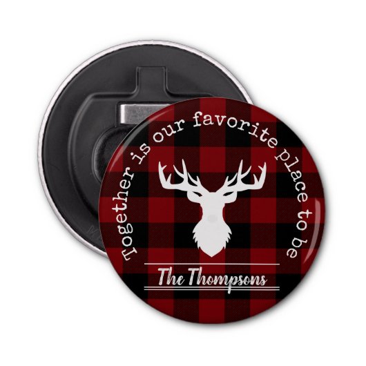 Rood en zwart Buffalo Plaid Familiefeest Button Flesopener (Voorkant)