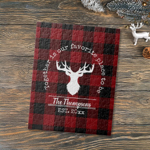 Rood en Zwart Buffalo Plaid Familienaam Legpuzzel