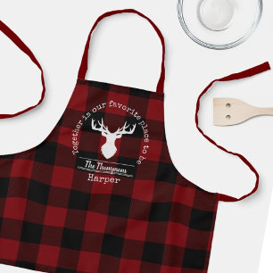 Rood en Zwart Buffalo Plaid Herten Familie Naam Schort