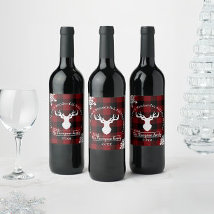 Rood en Zwart Buffalo Plaid Kerstmis Wijn Etiket