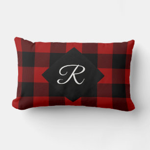 rood en zwart Buffalo Plaid met monogram Kussen
