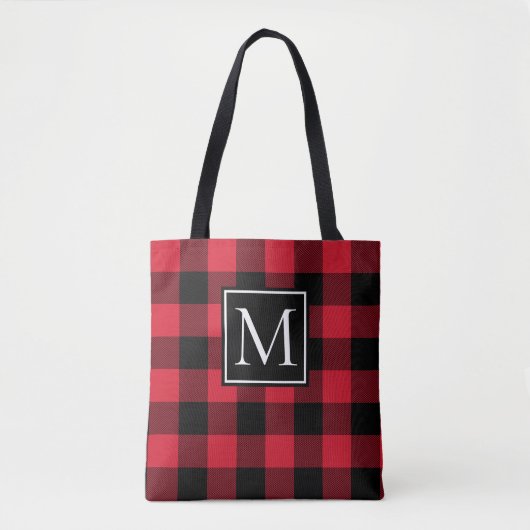 Rood en Zwart Buffalo Plaid Monogram Tote Bag (Voorkant)