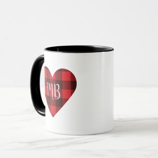 Rood en zwart Buffalo Plakt/Check Monogram Hart Mok (Voorkant links)