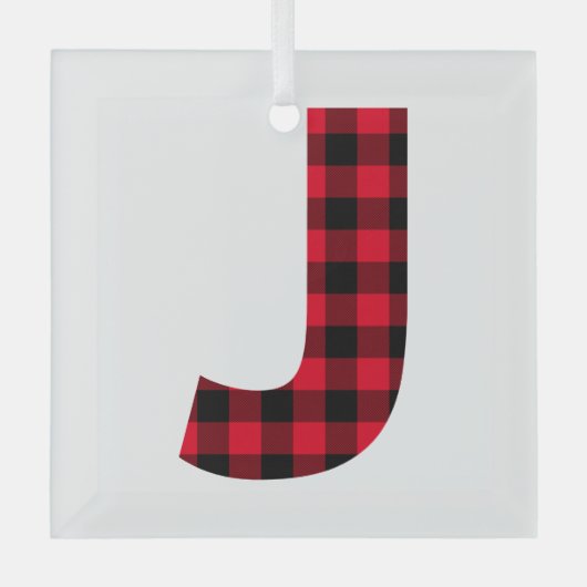 Rood en zwart Buffalo Pset Bold Letter J Monogram Glas Ornament (Voorkant)