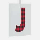 Rood en zwart Buffalo Pset Bold Letter J Monogram Glas Ornament (Voorkant Rechts)