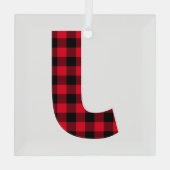 Rood en zwart Buffalo Pset Bold Letter J Monogram Glas Ornament (Achterkant)