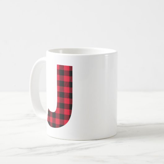 Rood en zwart Buffalo Pset Bold Letter J Monogram Koffiemok (Voorkant links)