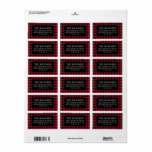 Rood en zwart Buffalo speldedagverblijf Etiket (Full Sheet)