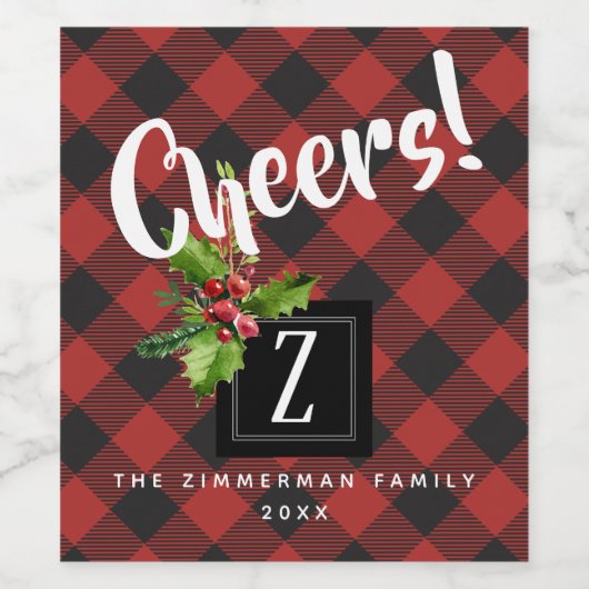 Rood en Zwart Buffel Plaid Kerstmis Monogram Wijn Etiket (Enkel label)