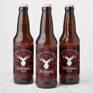Rood en zwart buffelplaid herten familienaam bier etiket