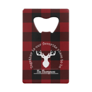 Rood en zwart buffelplaid herten familienaam creditkaart flessenopener
