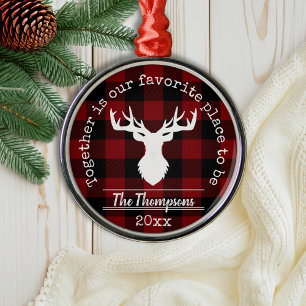 Rood en zwart buffelplaid rendiergezin naam metalen ornament