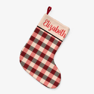 Rood en zwart buffelruitpatroon met naam kleine kerstsok