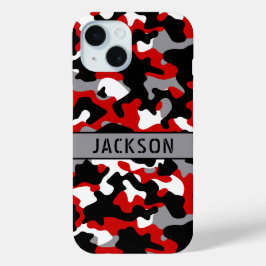 Rood en Zwart Camouflage Gepersonaliseerd iPhone 15 Case