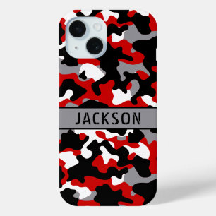 Rood en Zwart Camouflage Gepersonaliseerd iPhone 15 Case