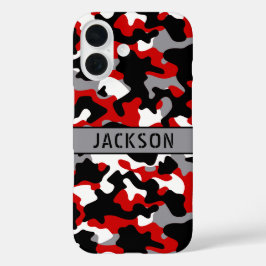 Rood en Zwart Camouflage Gepersonaliseerd iPhone 16 Hoesje