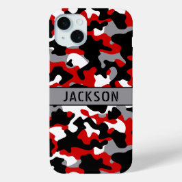 Rood en Zwart Camouflage Persoonlijk iPhone 15 Mini Hoesje