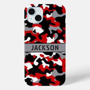 Rood en Zwart Camouflage Persoonlijk iPhone 15 Mini Hoesje