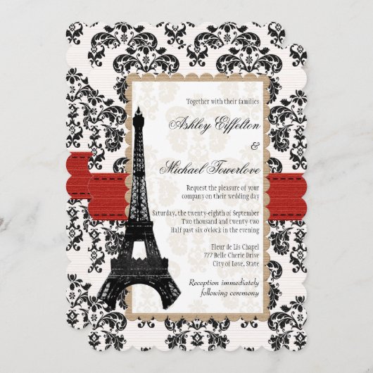 Rood en zwart Damask Eiffel Tower Weddenschap Kaart (Voorkant / Achterkant)