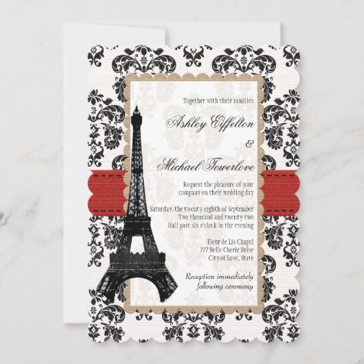 Rood en zwart Damask Eiffel Tower Weddenschap Kaart (Voorkant)