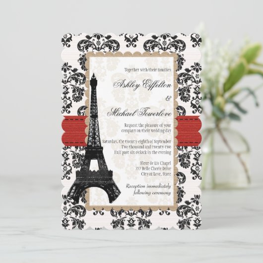 Rood en zwart Damask Eiffel Tower Weddenschap Kaart (Staand voorkant)