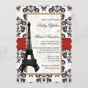 Rood en zwart Damask Eiffel Tower Weddenschap Kaart