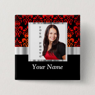 Rood en zwart damask fotosjabloon vierkante button 5,1 cm