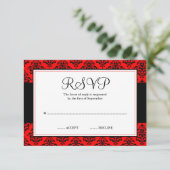 Rood en zwart Damask RSVP Response Kaart (Staand voorkant)