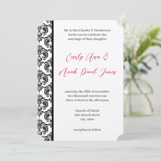 rood en zwart damast bruiloft kaart (Staand voorkant)