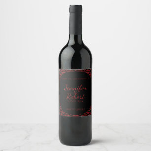 Rood en Zwart Damast Gothic Wedding Wijn Label Etiket