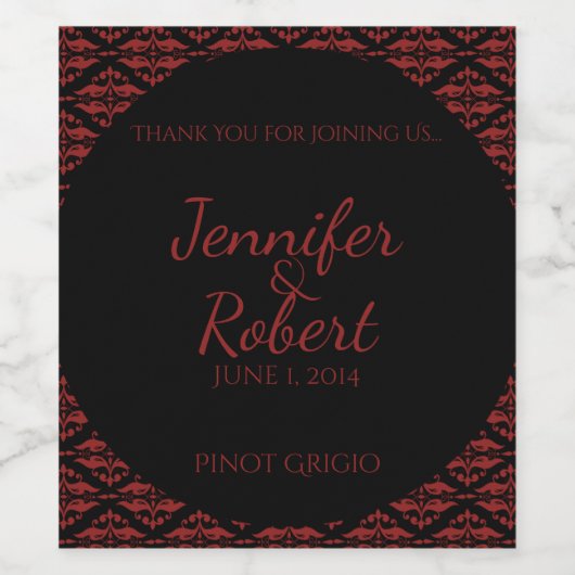 Rood en Zwart Damast Gothic Wedding Wijn Label Wijn Etiket (Enkel label)