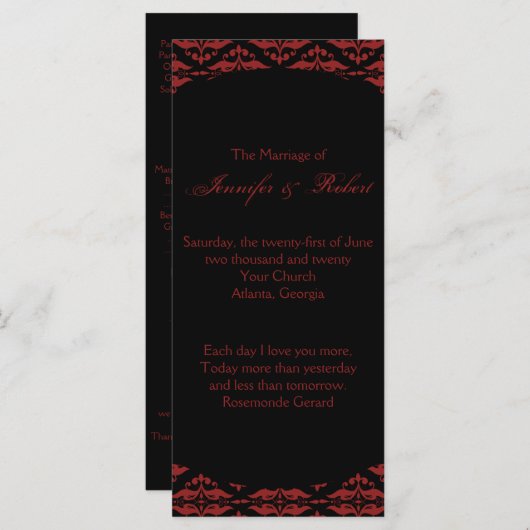 Rood en Zwart Damast Gotische Bruiloft Programma Programmakaart (Voorkant / Achterkant)