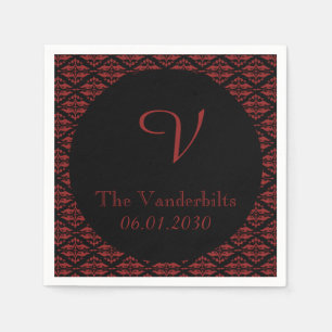 Rood en Zwart Damast Monogram Bruiloft Servetten