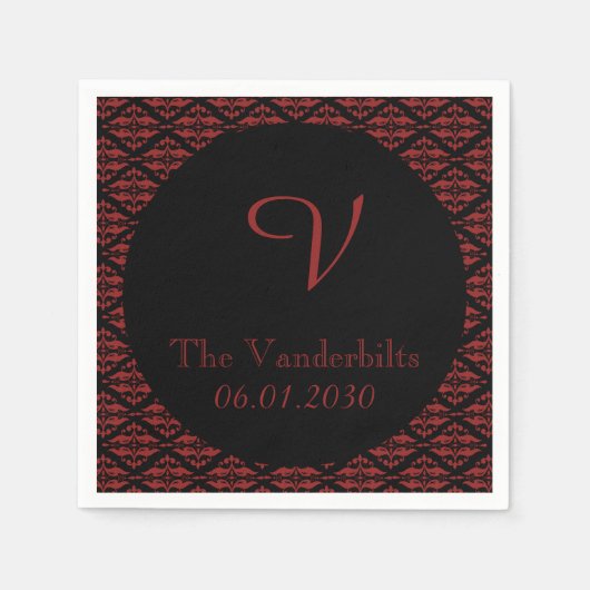 Rood en Zwart Damast Monogram Bruiloft Servetten (Voorkant)