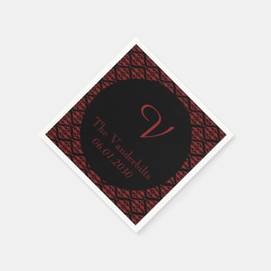 Rood en Zwart Damast Monogram Bruiloft Servetten (Hoek)