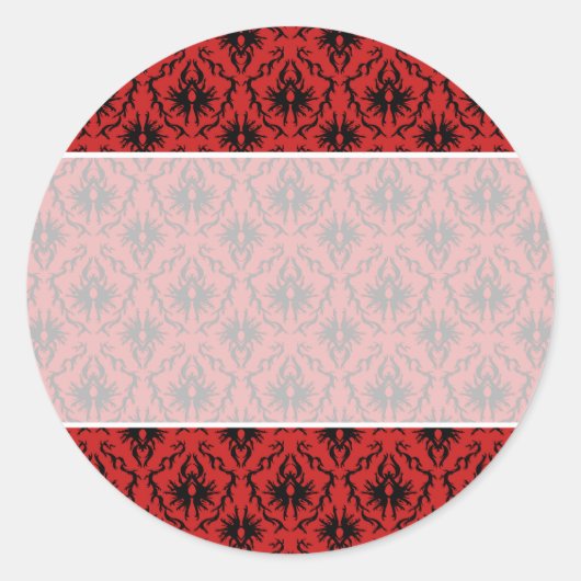 Rood en zwart damast ontwerp. ronde sticker (Voorkant)