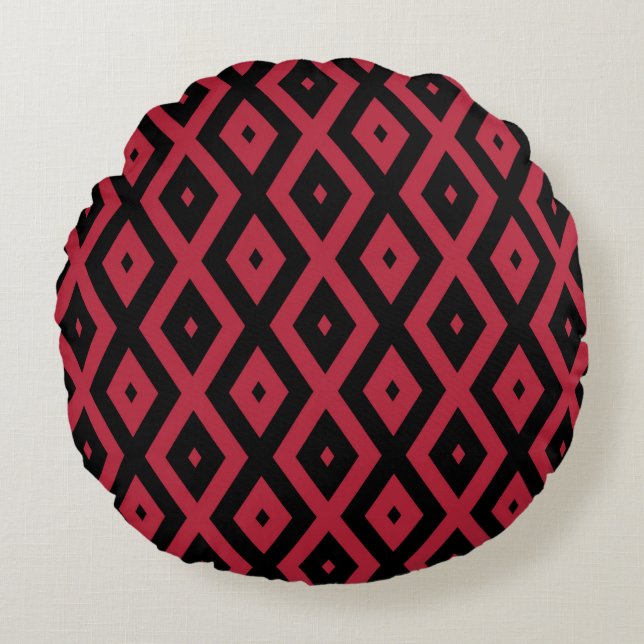 Rood- en zwart diamantpatroon rond kussen (Voorkant)