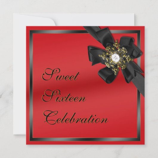 Rood en zwart Diamond Bowed Invite Kaart (Voorkant)