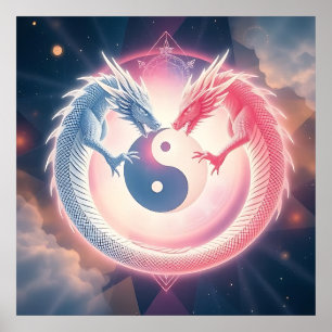 Rood en Zwart Draak Yin Yang Symbool Poster