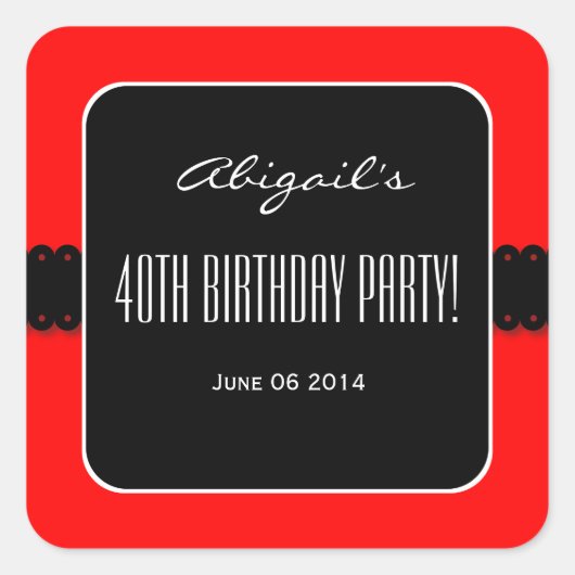Rood en Zwart Elegant 40e Verjaardagsfeestje V09 Vierkante Sticker (Voorkant)
