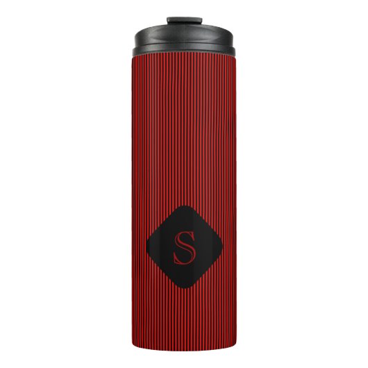 Rood en zwart fijn verticaal gestreept monogram thermosbeker (Voorkant)